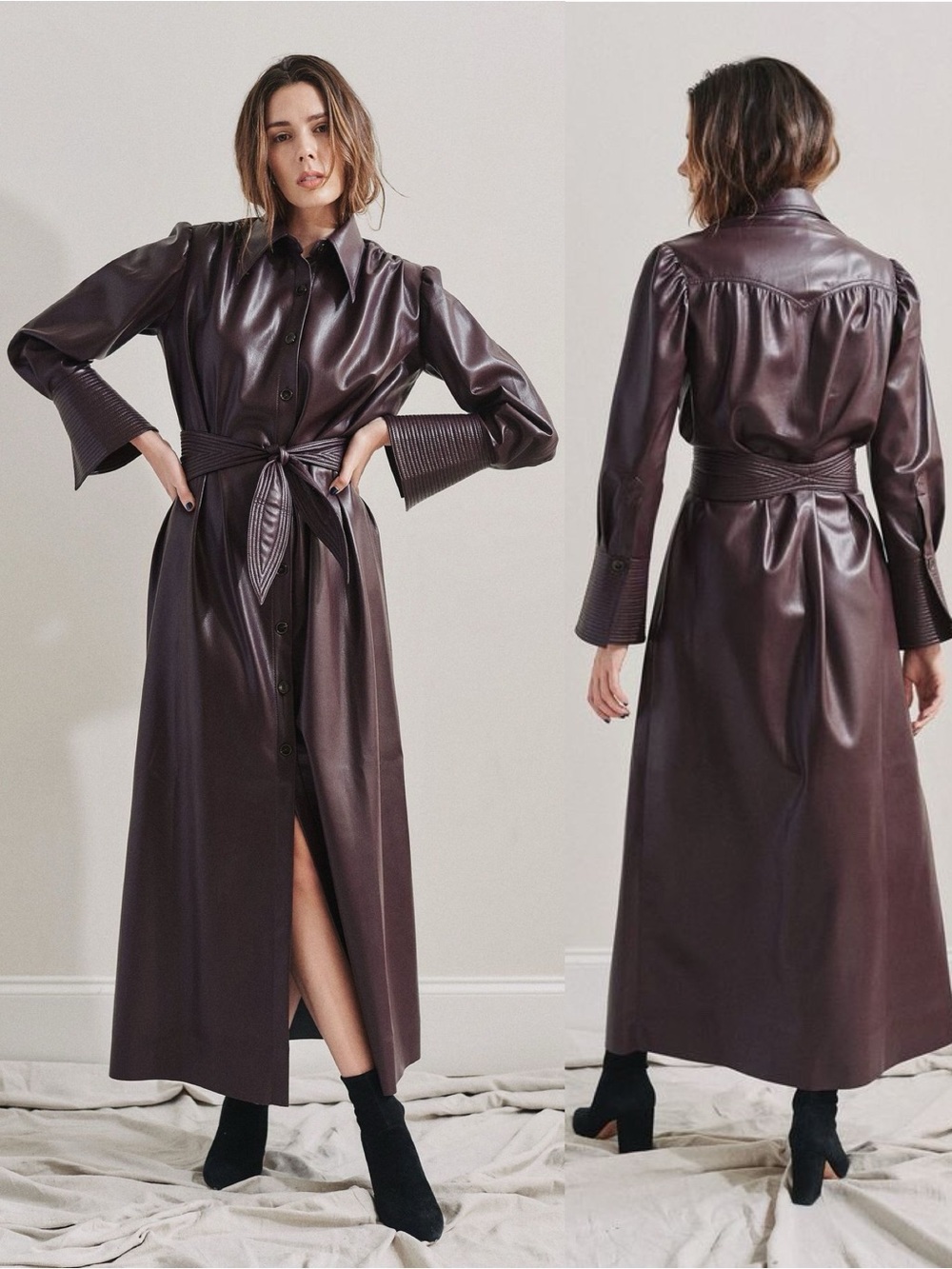 NEW NWT Nanushka Rosana Vegan Leather Maxi Dress Trench Coat Dress Aubergine